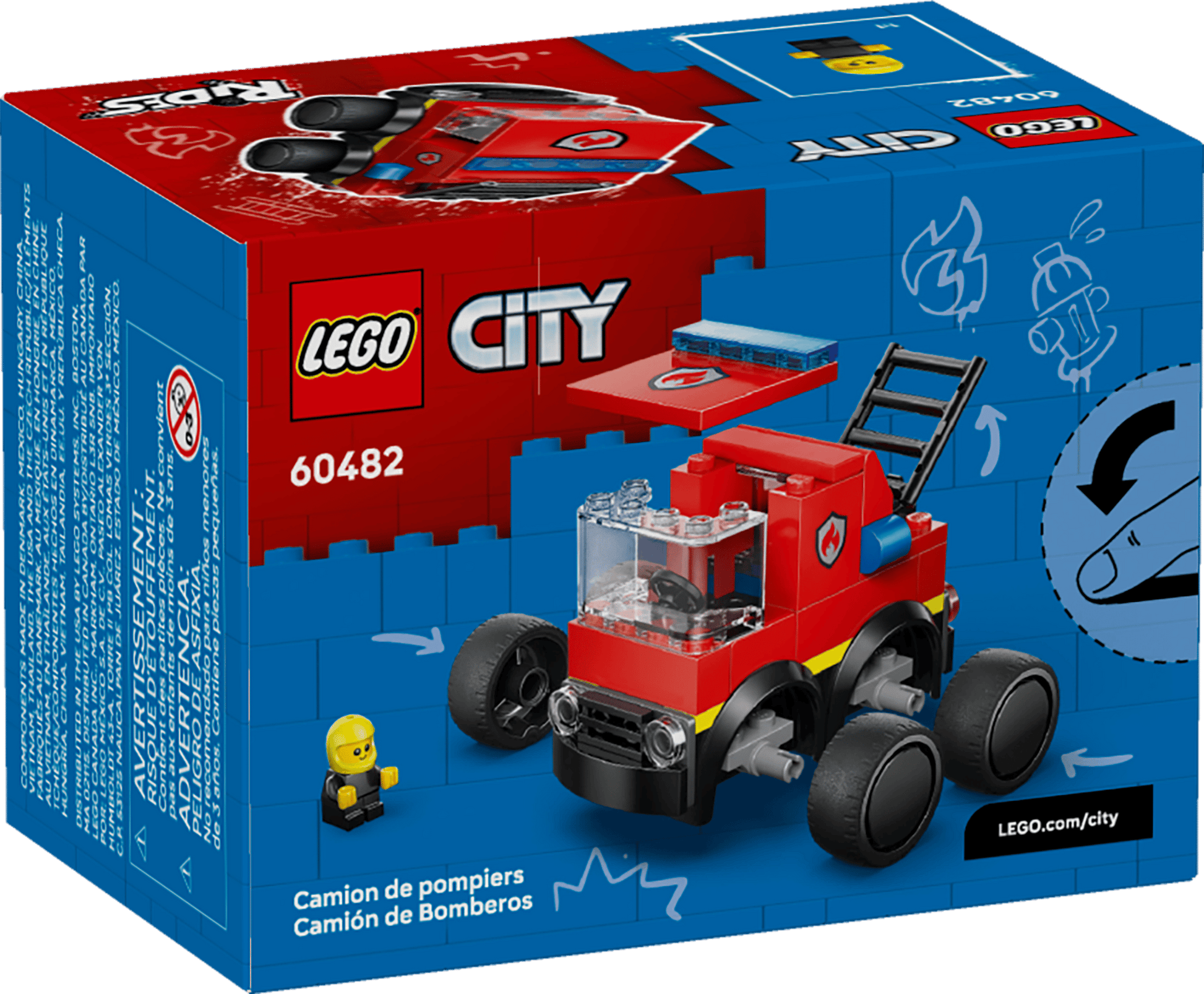 The LEGO® City Rides - Fire Truck by Legos - Toyhouse features a red fire truck toy and a firefighter minifigure on a blue box—ideal for kids who love action and adventure building kits.