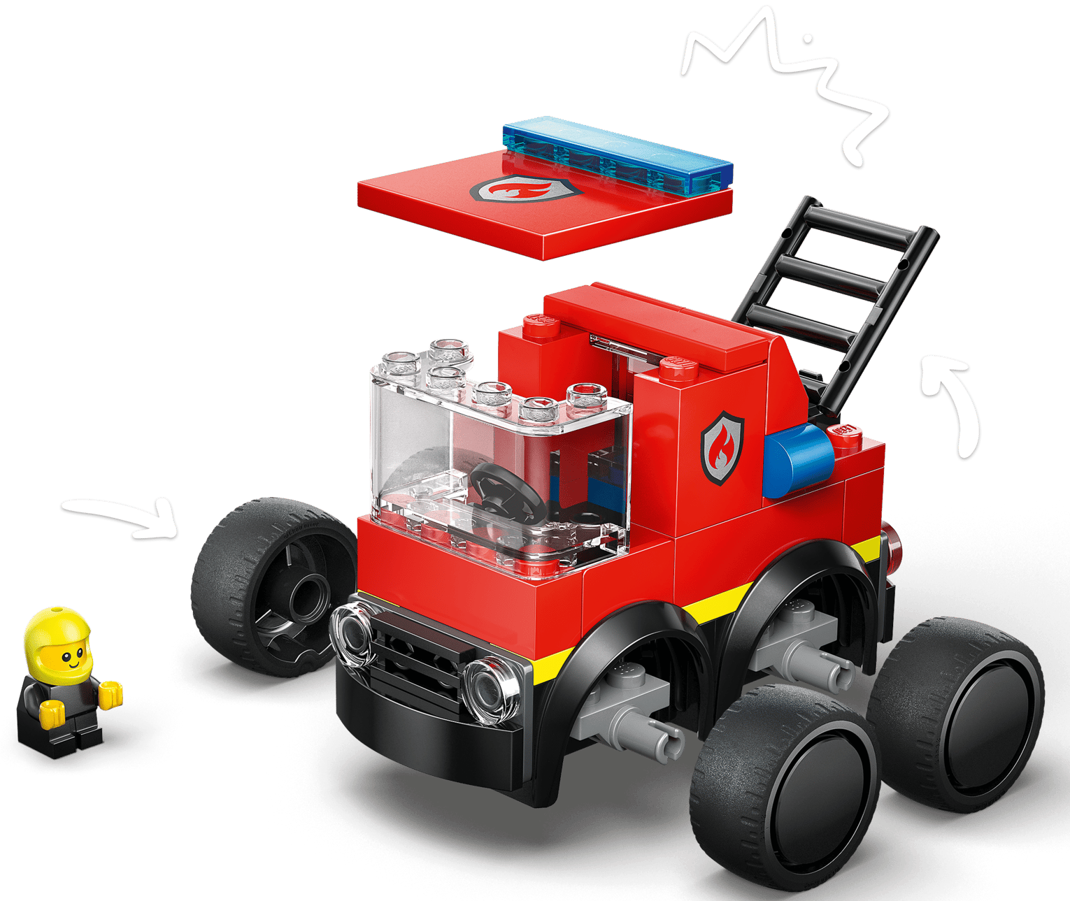 The LEGO® City Rides - Fire Truck by Legos - Toyhouse is a building kit with a removable roof, black ladder, blue siren, and a small yellow figure—a fun fire truck toy perfect for kids.