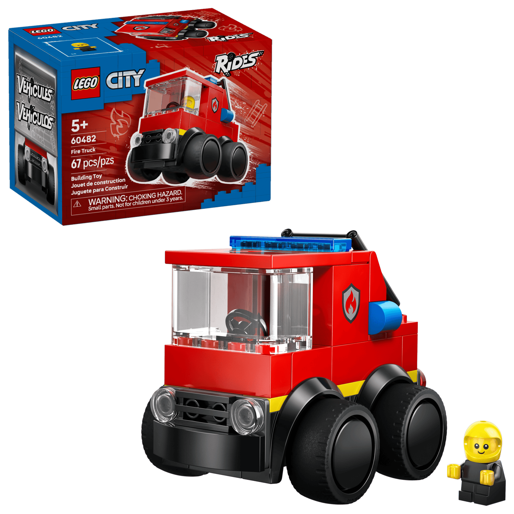 LEGO® City Rides - Fire Truck by Legos - Toyhouse is a fun 67-piece building kit for kids, featuring a bright fire truck, firefighter minifigure, and box in the background.
