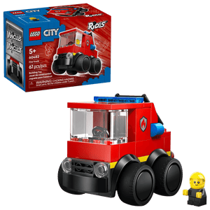 LEGO® City Rides - Fire Truck by Legos - Toyhouse is a fun 67-piece building kit for kids, featuring a bright fire truck, firefighter minifigure, and box in the background.
