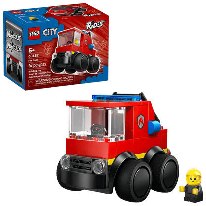 LEGO® City Rides - Fire Truck by Legos - Toyhouse is a fun 67-piece building kit for kids, featuring a bright fire truck, firefighter minifigure, and box in the background.