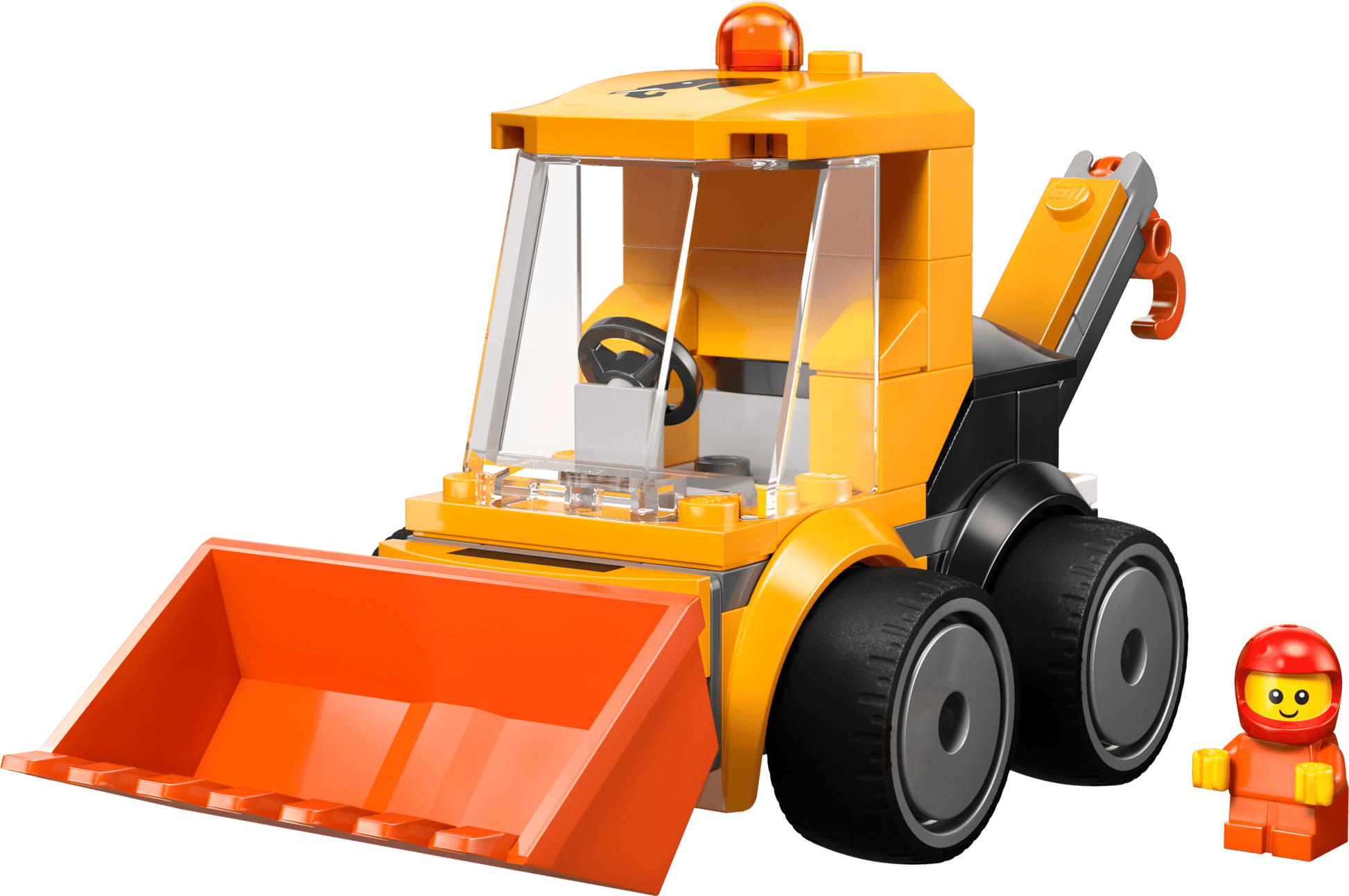 The Legos - Toyhouse LEGO® City Rides – Construction Loader features a yellow and orange bulldozer and a smiling LEGO figure in a red helmet—ideal for kids who enjoy creative building and imaginative play.
