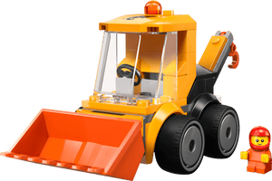 The Legos - Toyhouse LEGO® City Rides – Construction Loader features a yellow and orange bulldozer and a smiling LEGO figure in a red helmet—ideal for kids who enjoy creative building and imaginative play.