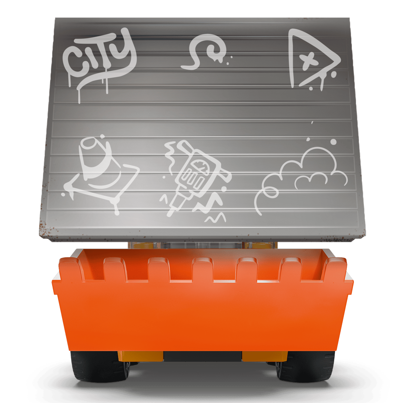 An orange garbage dumpster with a closed silver lid and white graffiti, ideal for pairing with the Legos - Toyhouse LEGO® City Rides – Construction Loader building kit for kids.