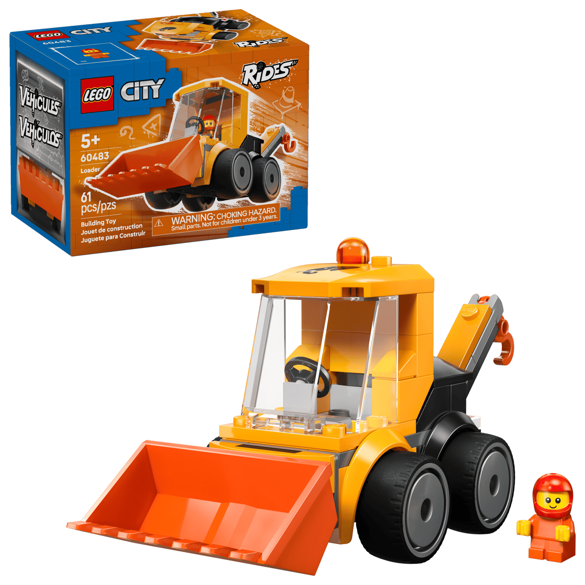 The LEGO® City Rides – Construction Loader by Legos - Toyhouse includes an orange loader, a construction worker mini-figure, and 61 pieces. Great as a building kit for kids ages 5+ and comes in branded packaging.