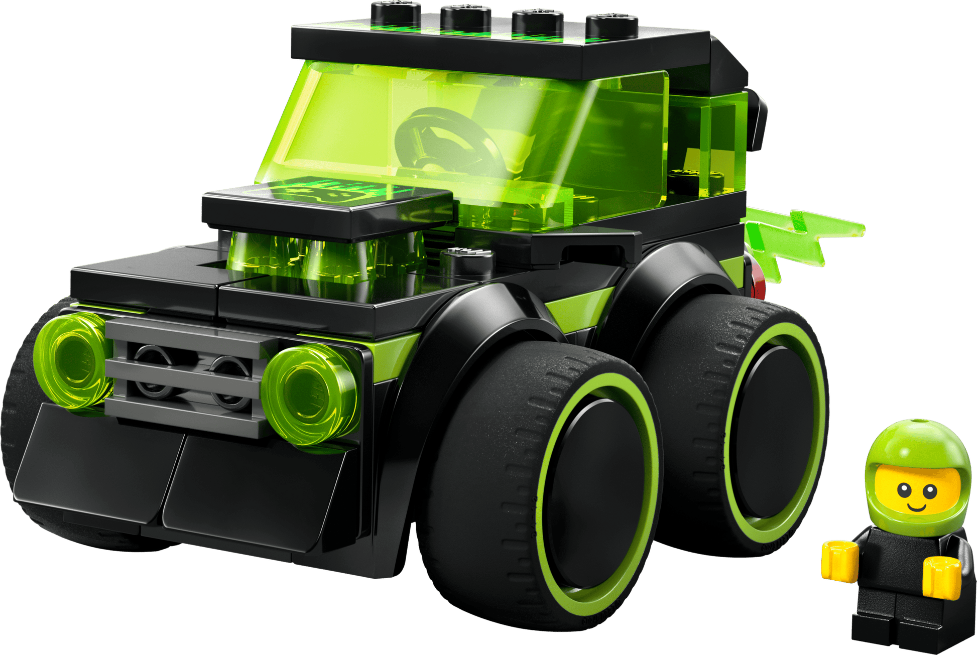 The LEGO® City Rides - Gaming Race Car by Legos - Toyhouse features a black and neon green interlocking brick car with large wheels and includes a matching helmeted mini-figure beside it.