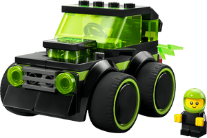 The LEGO® City Rides - Gaming Race Car by Legos - Toyhouse features a black and neon green interlocking brick car with large wheels and includes a matching helmeted mini-figure beside it.