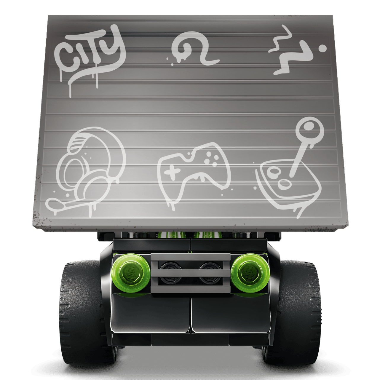 A LEGOS - Toyhouse LEGO® City Rides - Gaming Race Car is seen from the back, showing large black wheels, green accents, and graffiti-style art on a gray panel above the vehicle.
