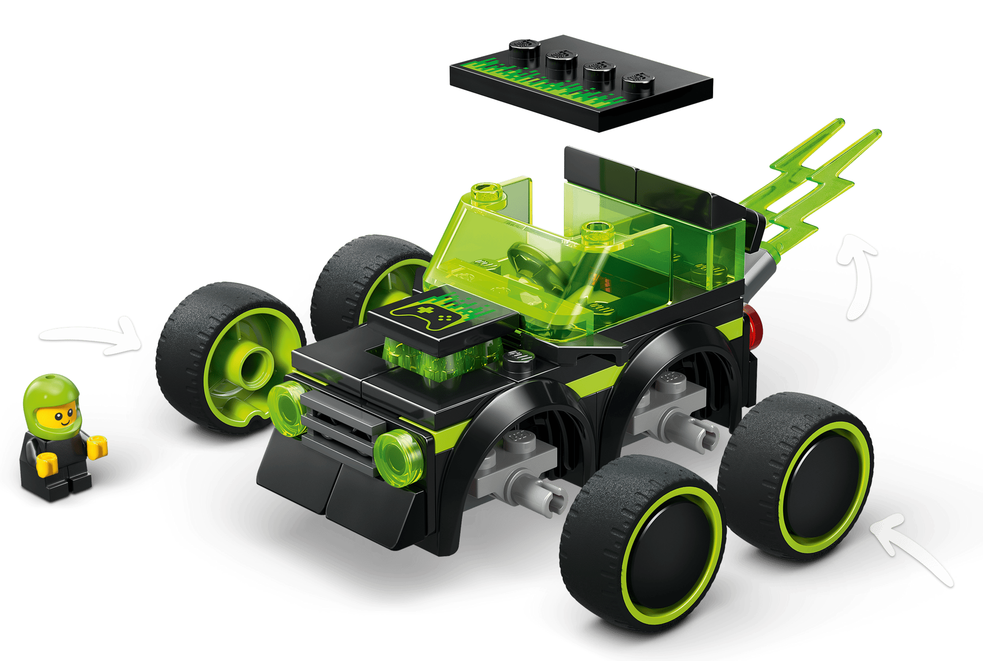 The Legos - Toyhouse LEGO® City Rides - Gaming Race Car is a small black and green car with neon accents, four large wheels, a minifigure in a green helmet, and a removable top brick displayed above the race car toy.