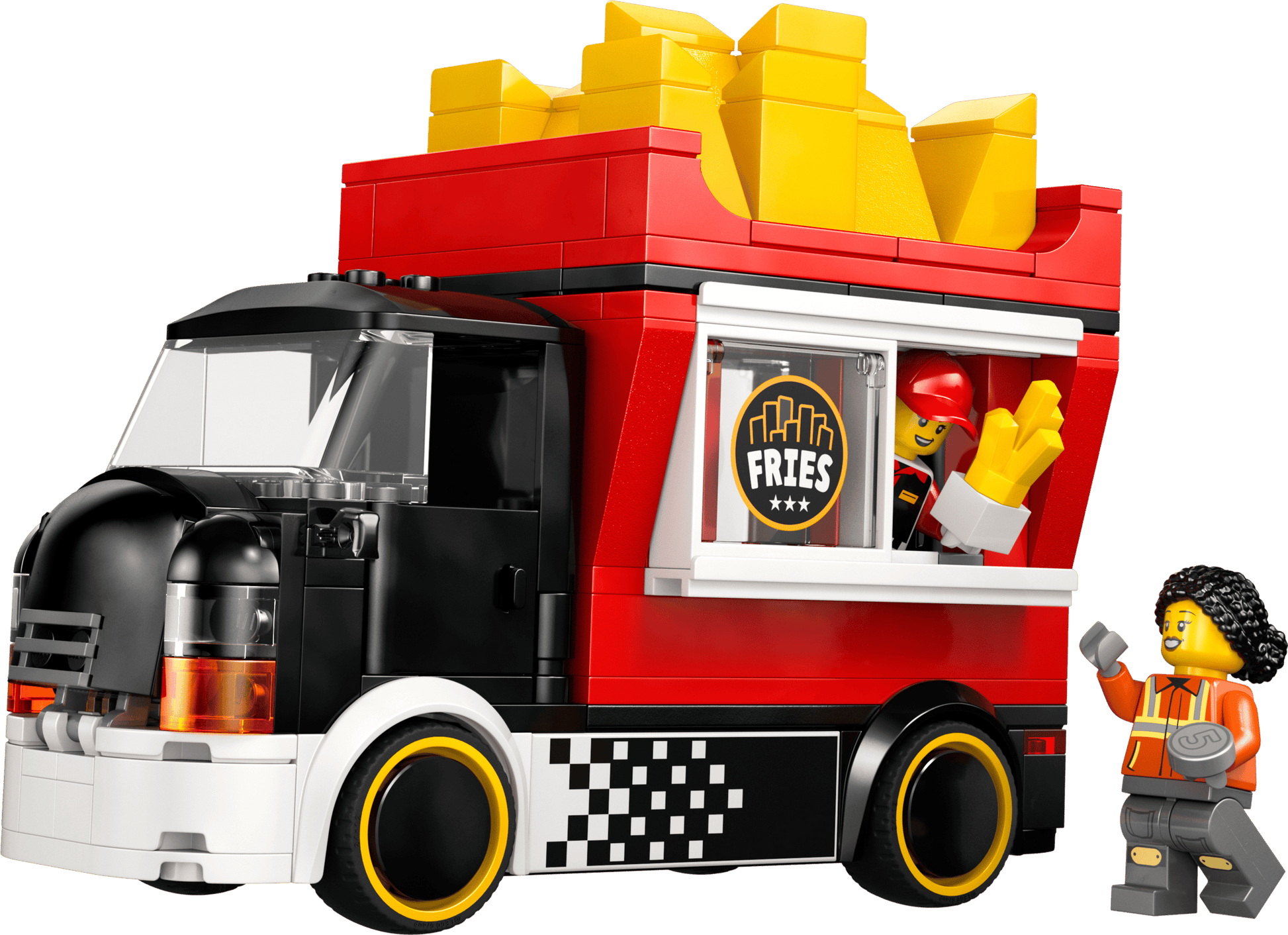 Create your own street food scene with the LEGO® City Fries Food Truck by Legos - Toyhouse, featuring a large fries sculpture plus two minifigures—one serving fries from the window and another holding a gray accessory.