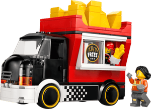 Create your own street food scene with the LEGO® City Fries Food Truck by Legos - Toyhouse, featuring a large fries sculpture plus two minifigures—one serving fries from the window and another holding a gray accessory.