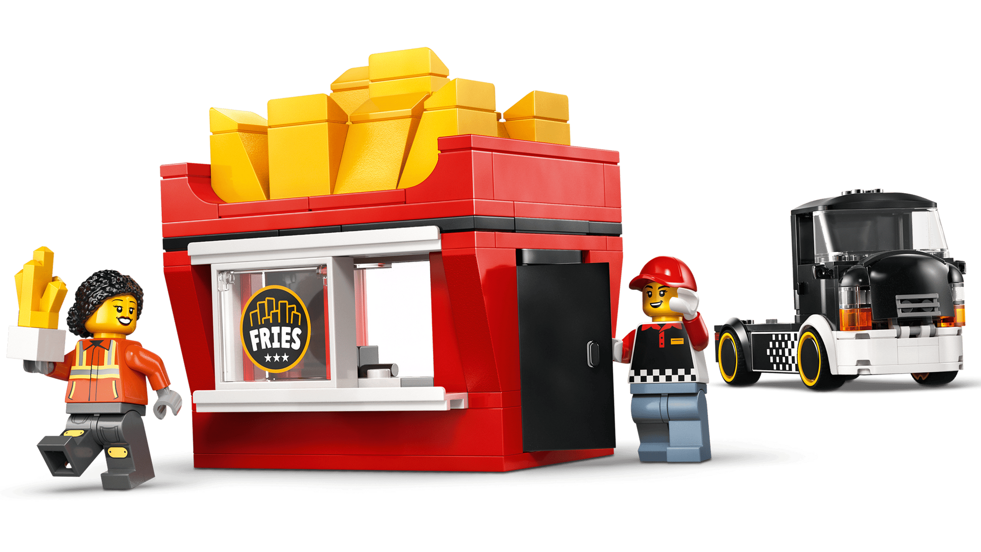 LEGO minifigures stand by the LEGO® City Fries Food Truck from Legos - Toyhouse, a red fries stand shaped like a box of fries with a fries sign and a black and white food truck toy in the background.