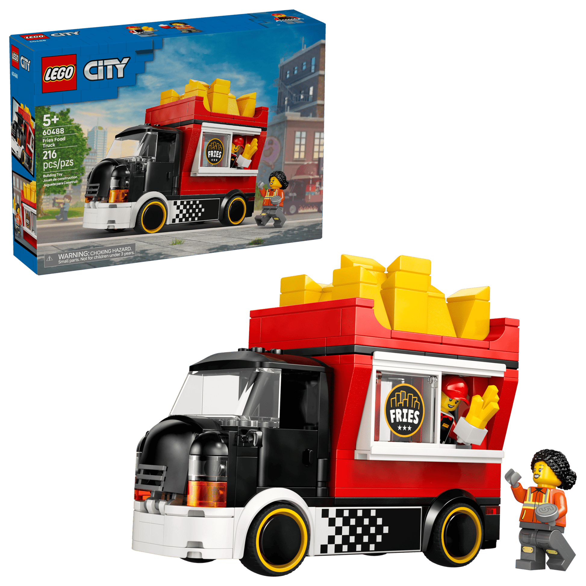 The LEGO® City Fries Food Truck by Legos - Toyhouse features a black and red truck with giant fries on top, a "Hot Fries" logo, and comes with a minifigure. The product box is visible in the background.