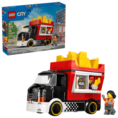 The LEGO® City Fries Food Truck by Legos - Toyhouse features a black and red truck with giant fries on top, a "Hot Fries" logo, and comes with a minifigure. The product box is visible in the background.