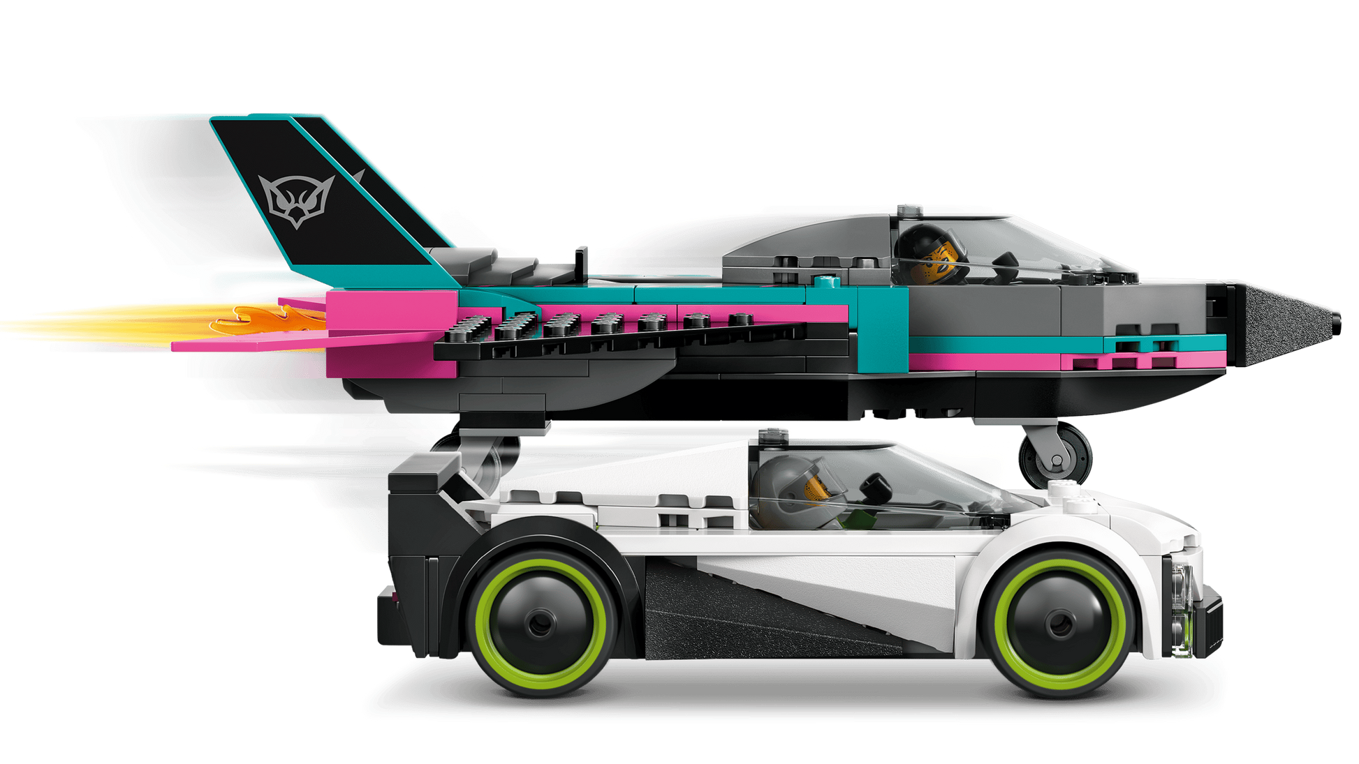 The LEGO® City Jet Vs. Car by Legos - Toyhouse includes a colorful pink, teal, and black jet and a sleek white and black race car, each with a minifig driver ready for action.