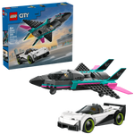 The LEGO® City Jet Vs. Car by Legos - Toyhouse features a black and teal jet with pink accents, a white sports car, and packaging that displays these exciting vehicles fully assembled for thrilling play.