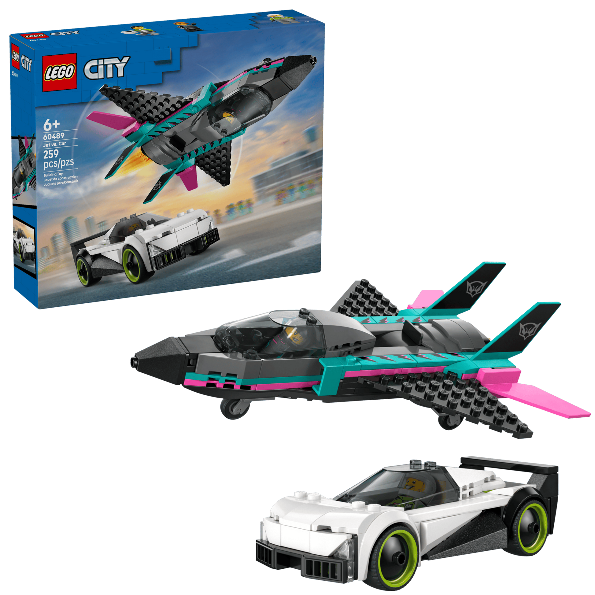 The LEGO® City Jet Vs. Car by Legos - Toyhouse features a black and teal jet with pink accents, a white sports car, and packaging that displays these exciting vehicles fully assembled for thrilling play.
