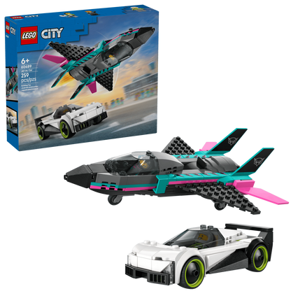 The LEGO® City Jet Vs. Car by Legos - Toyhouse features a black and teal jet with pink accents, a white sports car, and packaging that displays these exciting vehicles fully assembled for thrilling play.