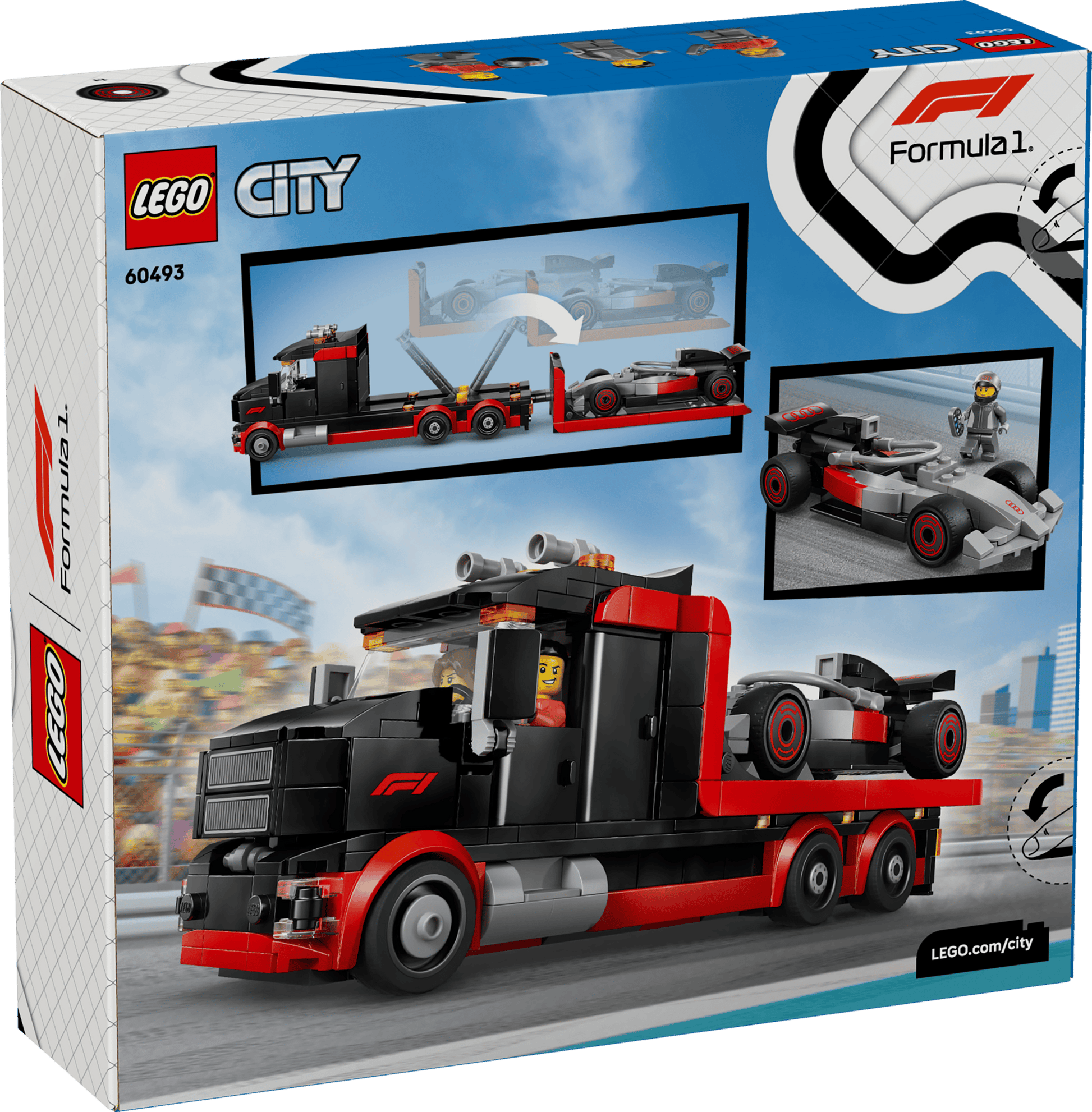 The LEGO® City F1® Display Truck with Audi F1® Race Car by Legos - Toyhouse features a transporter, a black and red race car building kit, and two minifigures.