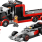 The LEGO® City F1® Display Truck with Audi F1® Race Car by Legos - Toyhouse features a black and red car transporter, a gray and red Audi F1® race car, two minifigures, plus accessories—perfect for race fans.