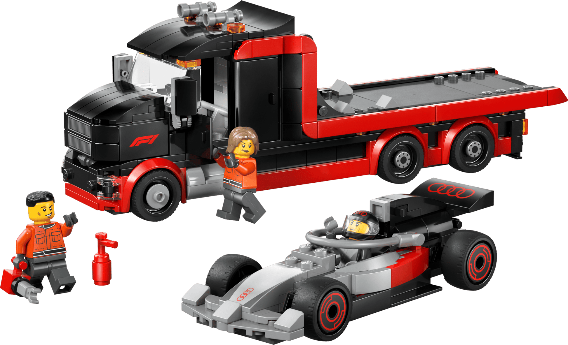 The LEGO® City F1® Display Truck with Audi F1® Race Car by Legos - Toyhouse features a black and red car transporter, a gray and red Audi F1® race car, two minifigures, plus accessories—perfect for race fans.