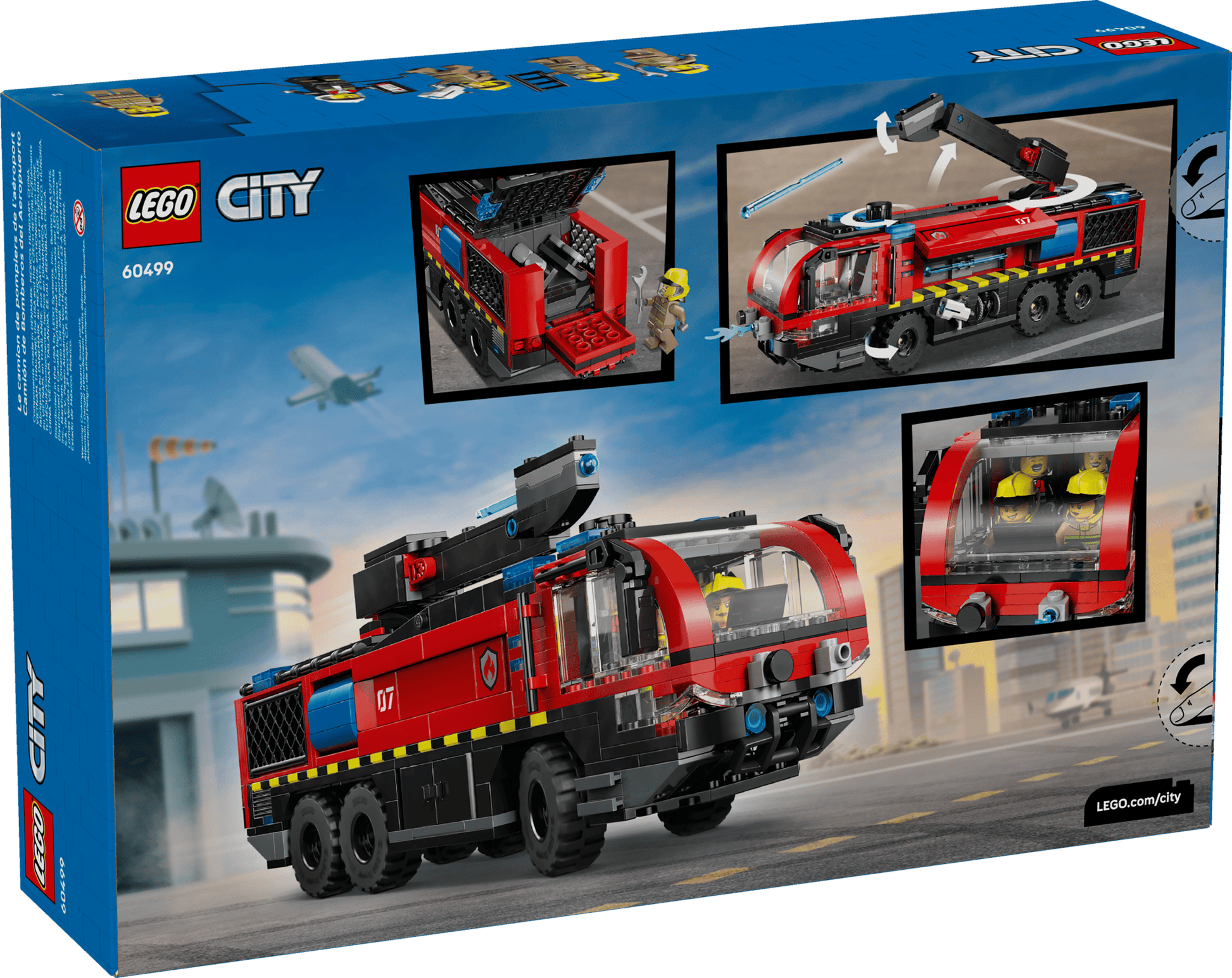 The LEGO® City Airport Fire Truck by Legos - Toyhouse features a red emergency vehicle with extendable arm, detailed interior, firefighter minifigures, and an airport backdrop—ideal for firefighter building set collections.