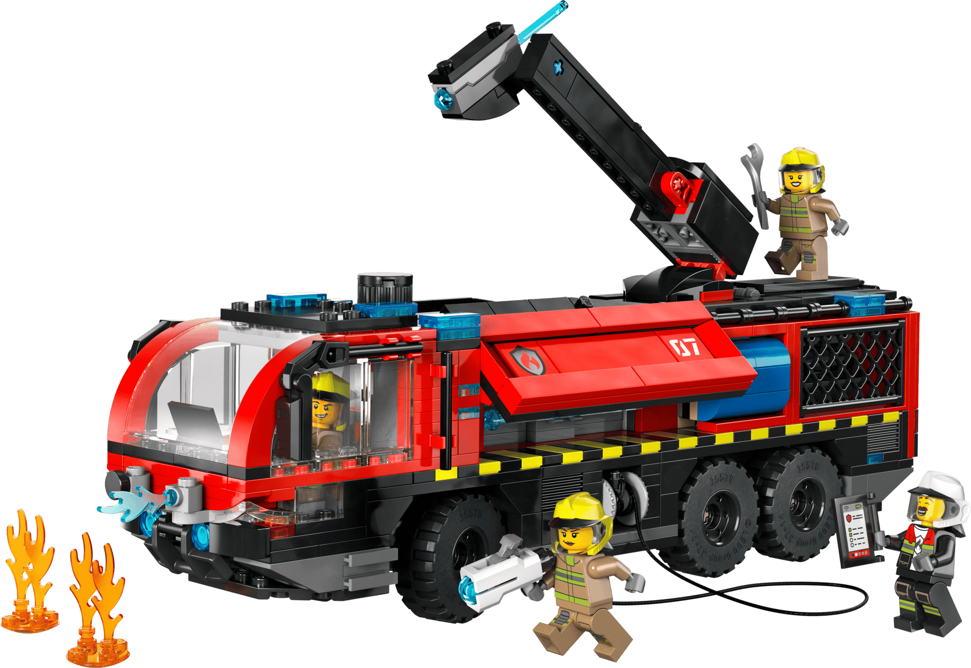 The LEGO® City Airport Fire Truck by Legos - Toyhouse includes a flashing lights emergency vehicle with a crane arm, 2 firefighter figures with hoses, 1 with a tablet, and small flames for action-packed rescue play.