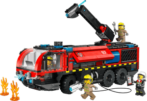 The LEGO® City Airport Fire Truck by Legos - Toyhouse includes a flashing lights emergency vehicle with a crane arm, 2 firefighter figures with hoses, 1 with a tablet, and small flames for action-packed rescue play.