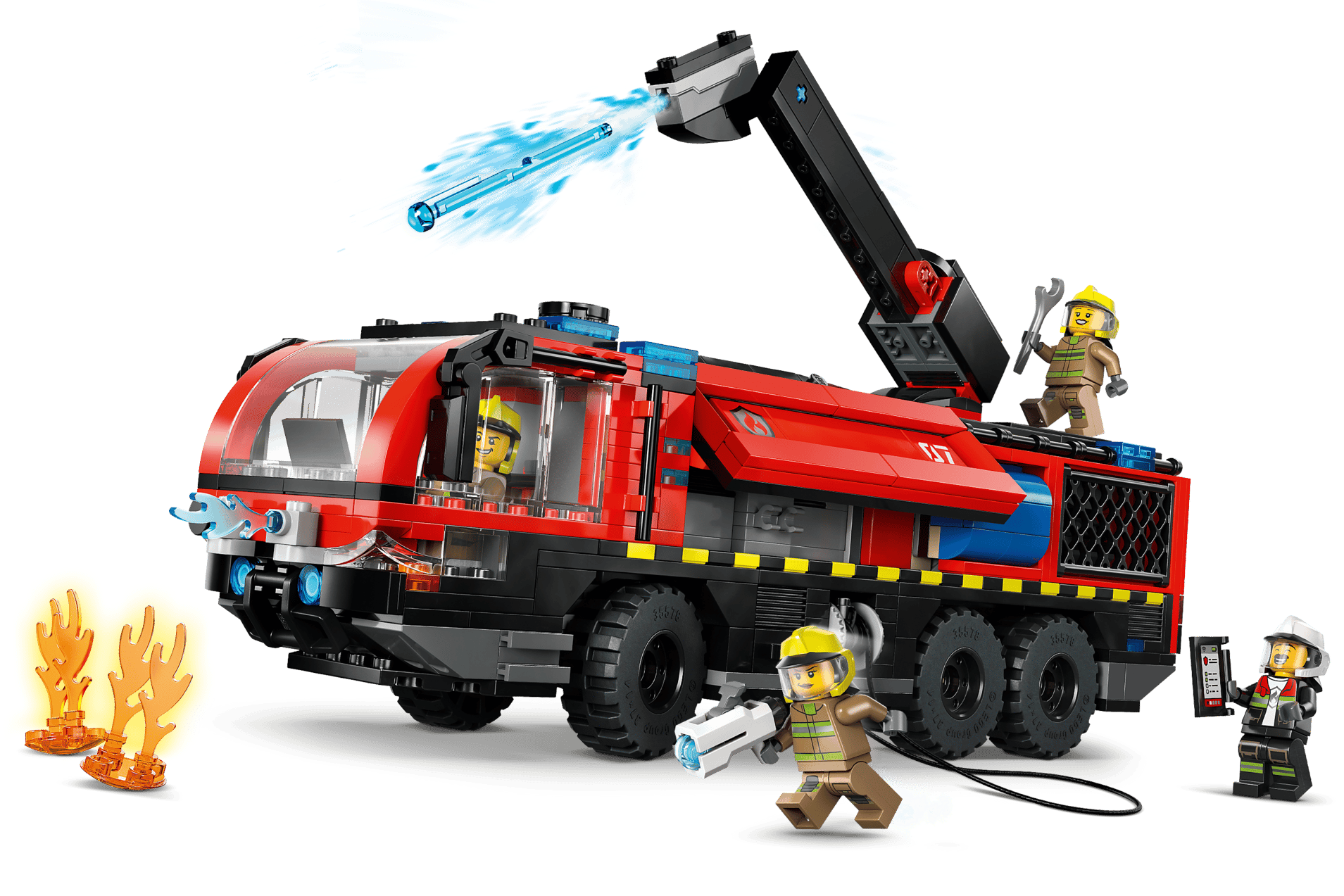 The Legos - Toyhouse LEGO® City Airport Fire Truck set includes firefighter minifigures, a movable arm, and firefighting accessories—ideal for emergency vehicle fans who want to spray water at flames in thrilling rescue missions.