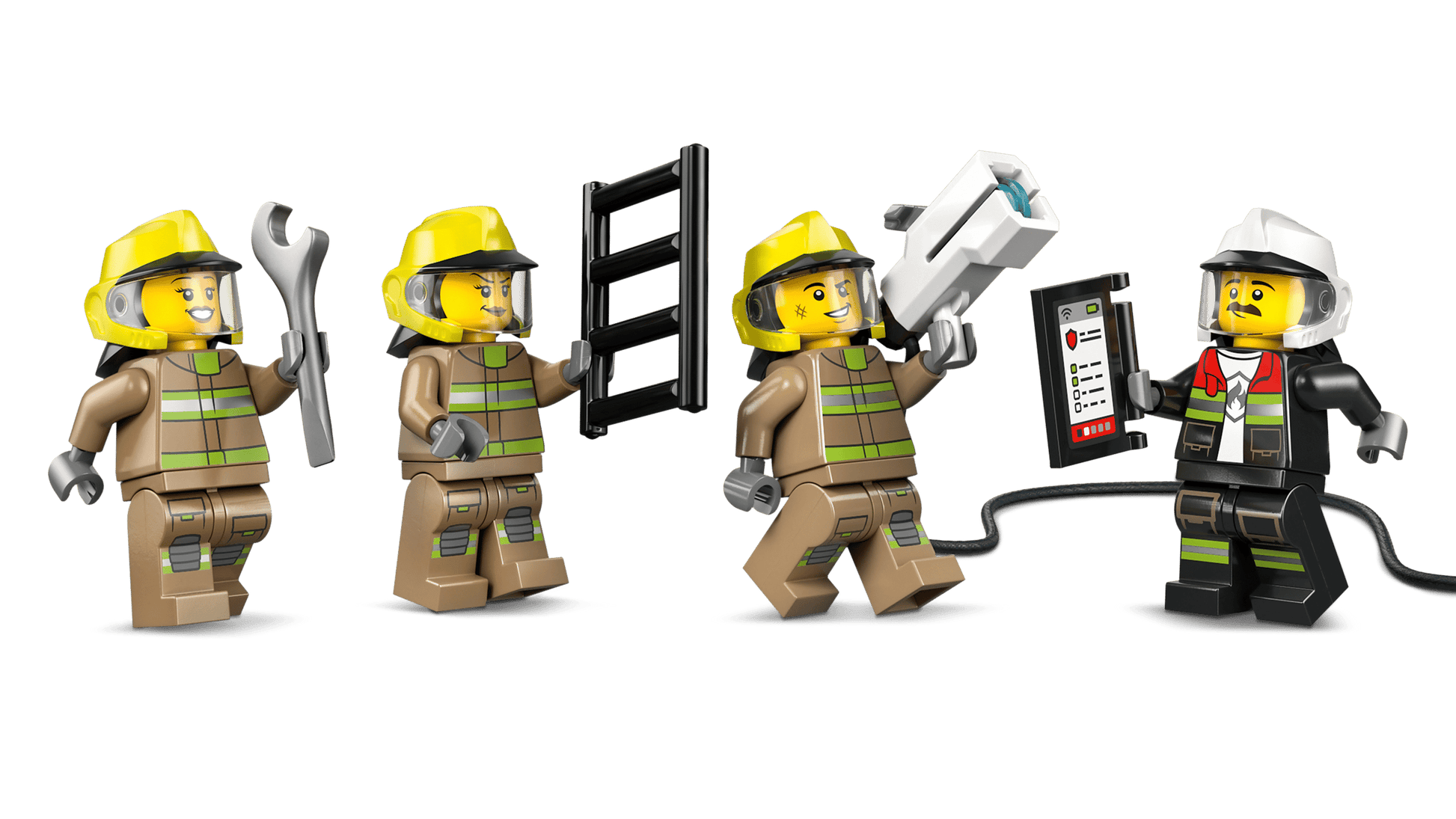 Four firefighter figures in yellow helmets with tools are ready for action with the LEGO® City Airport Fire Truck by Legos - Toyhouse, shown against a plain background.