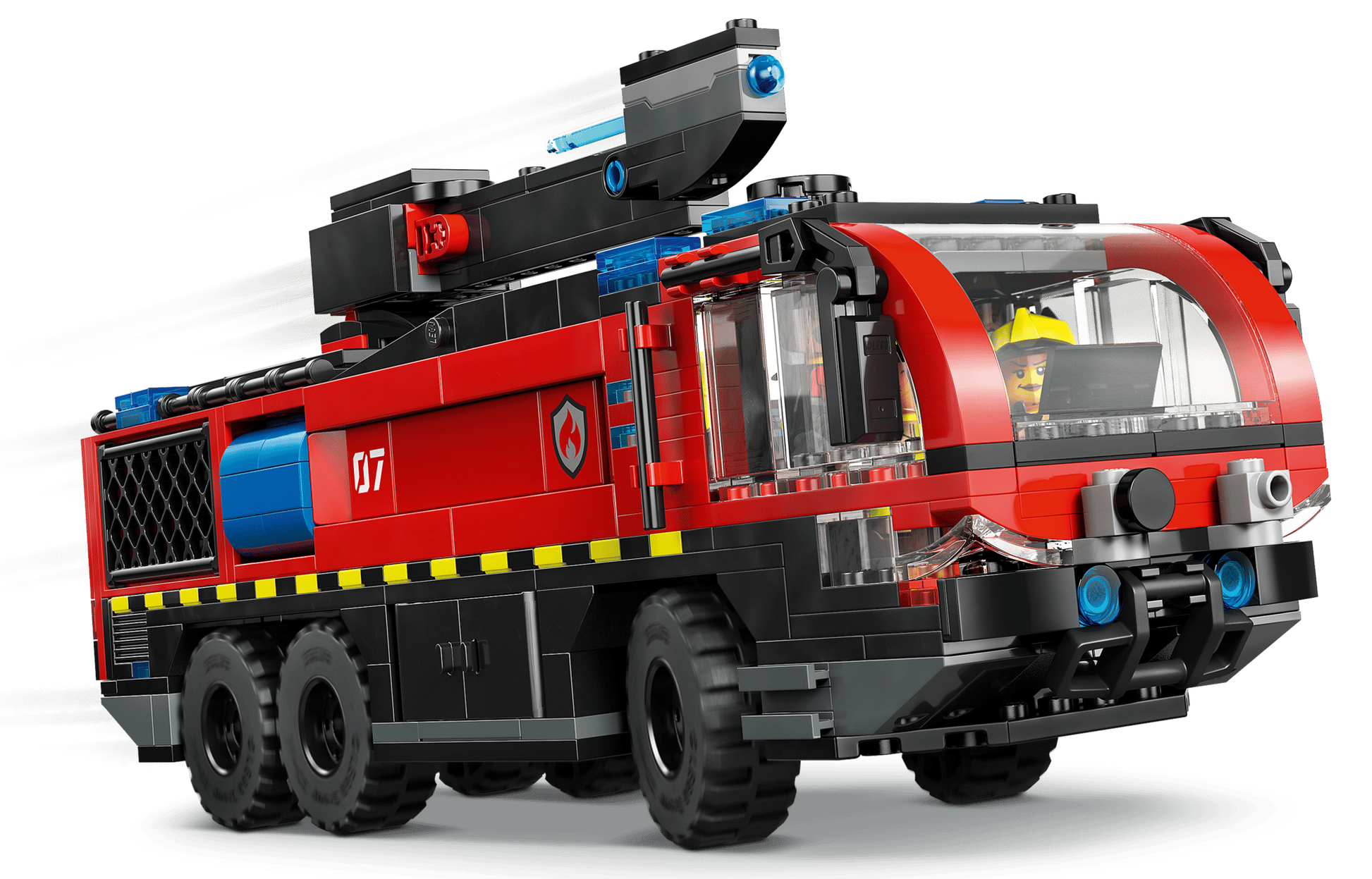 The Legos - Toyhouse LEGO® City Airport Fire Truck features six wheels, a red and black body with yellow safety stripes, and includes a firefighter minifigure in the cab.