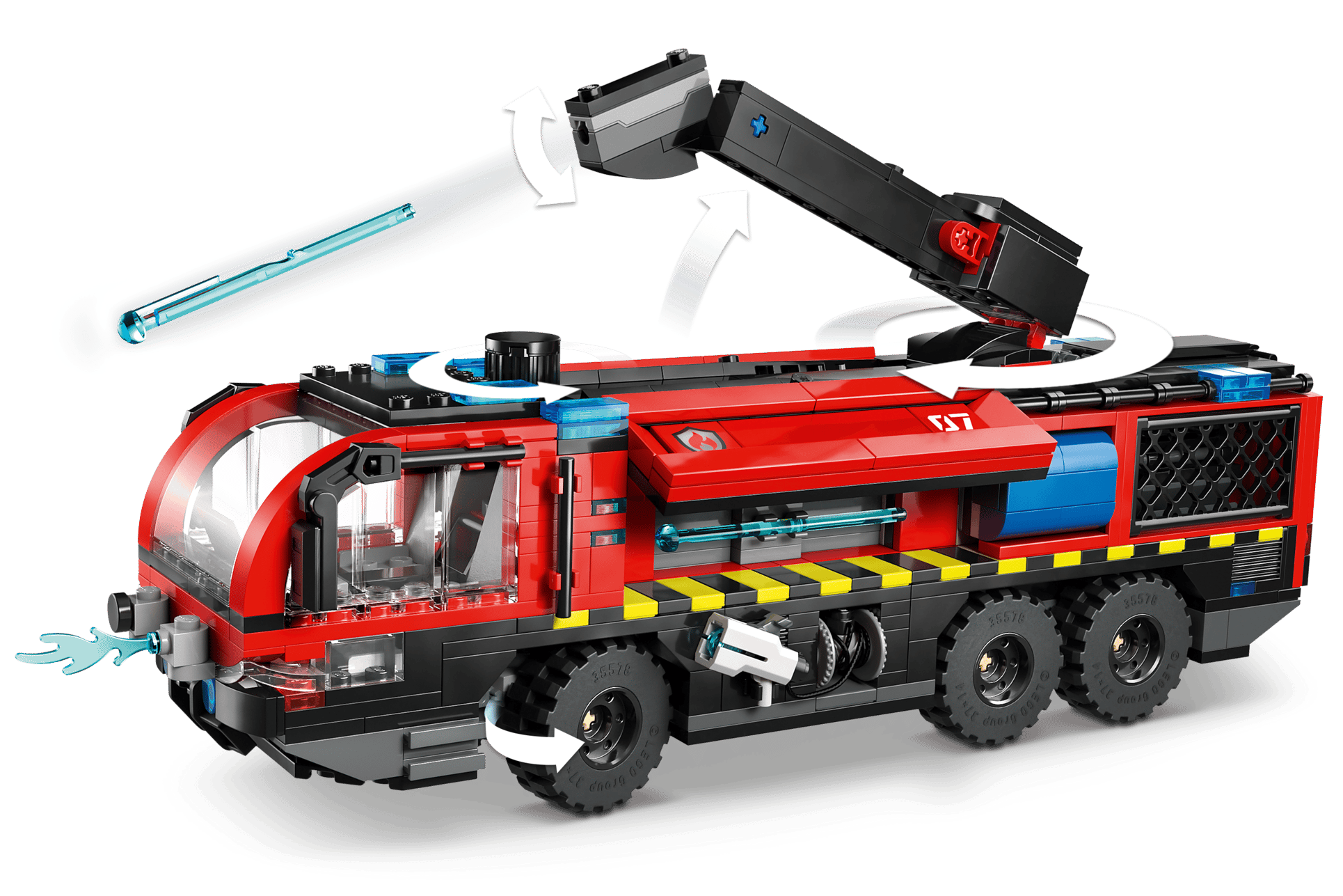 The LEGO® City Airport Fire Truck by Legos - Toyhouse is a six-wheeled emergency vehicle toy with an extendable crane, water hose, moving parts, and water jet effects for a fun firefighter building experience.
