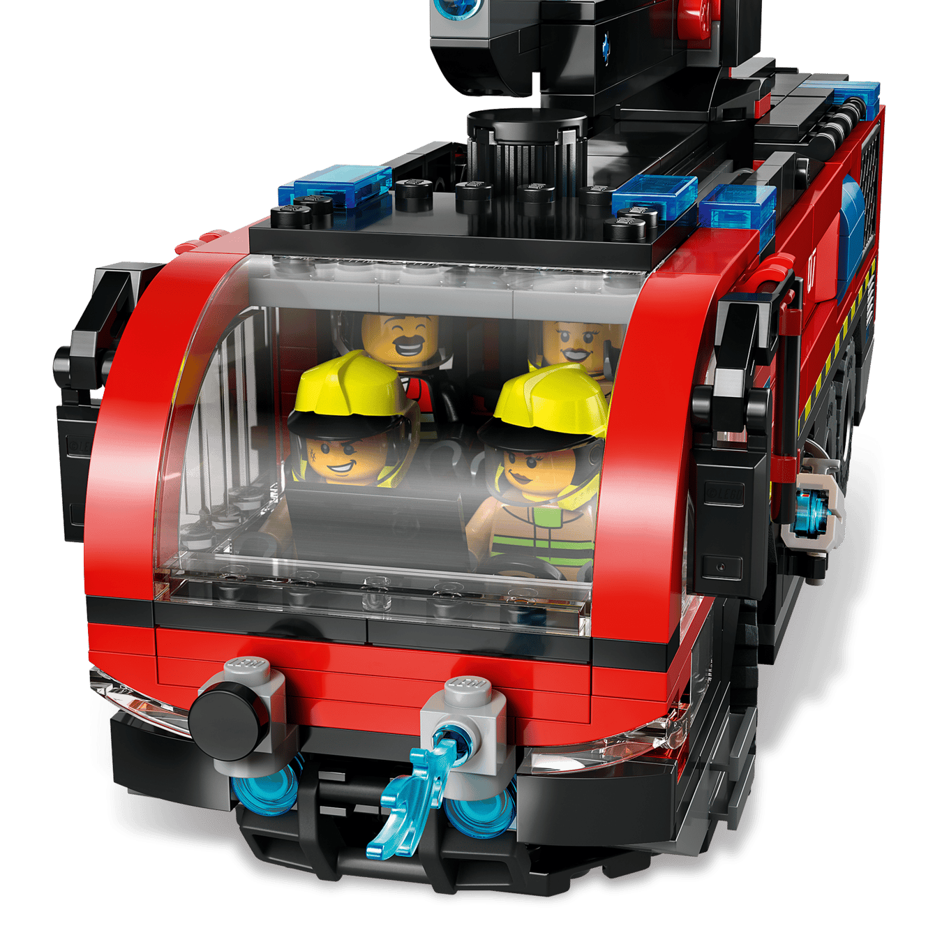 A close-up of the LEGO® City Airport Fire Truck by Legos - Toyhouse, an emergency vehicle toy with four firefighter minifigures visible through the front windshield.