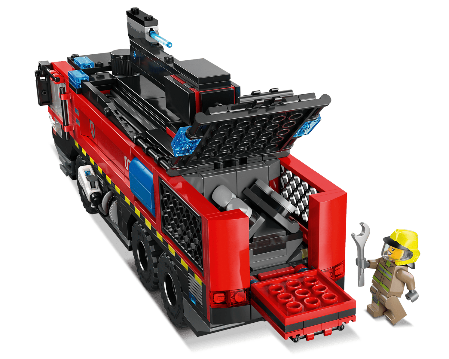The LEGO® City Airport Fire Truck by Legos - Toyhouse features an open rear compartment with tools and includes a firefighter minifigure in uniform with a wrench, making it perfect for imaginative rescue play.