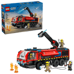 The Legos - Toyhouse LEGO® City Airport Fire Truck set includes a fire truck with crane arm, three firefighter minifigures, flames, and accessories—shown with box in background—for young heroes seeking action-packed play.