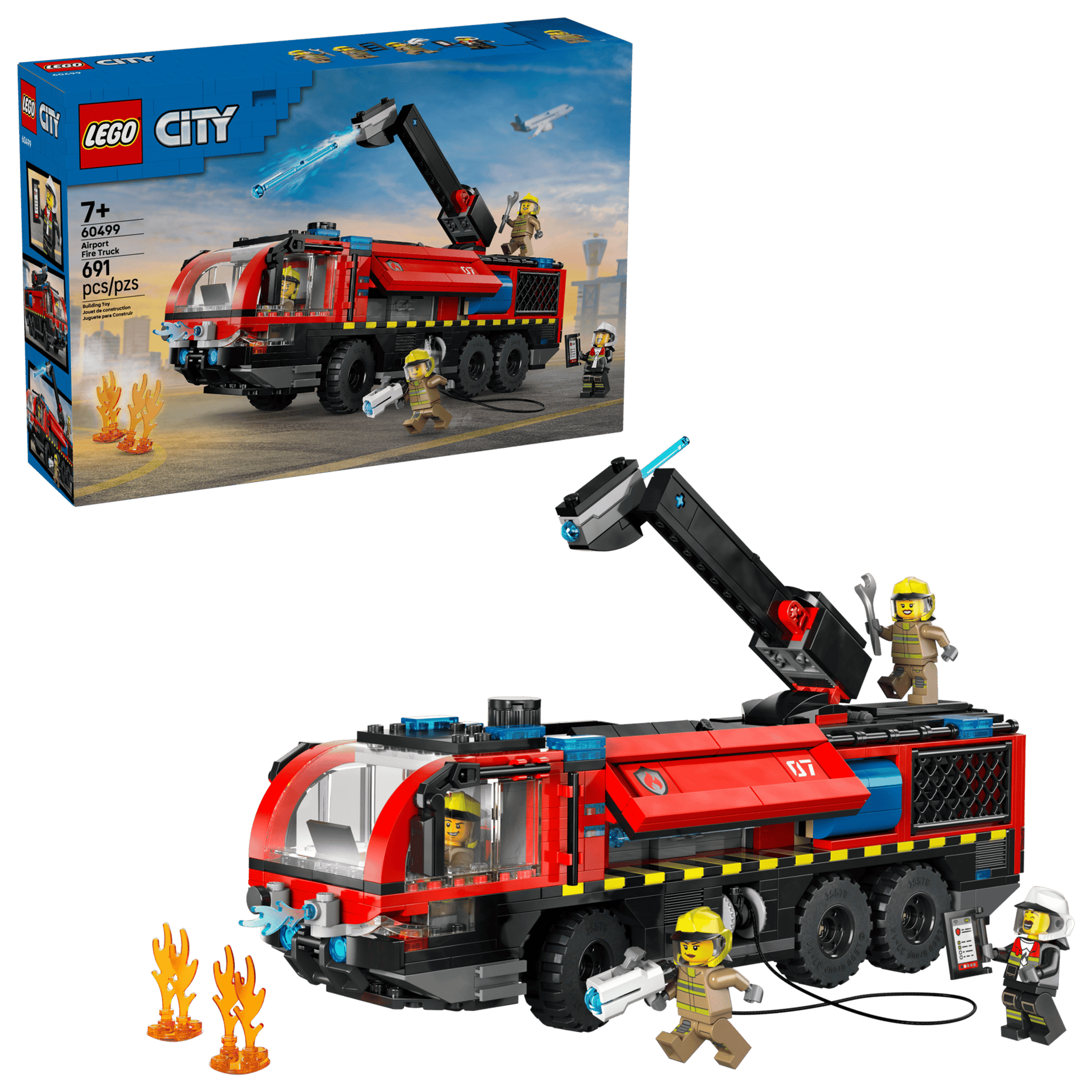 The Legos - Toyhouse LEGO® City Airport Fire Truck set includes a fire truck with crane arm, three firefighter minifigures, flames, and accessories—shown with box in background—for young heroes seeking action-packed play.
