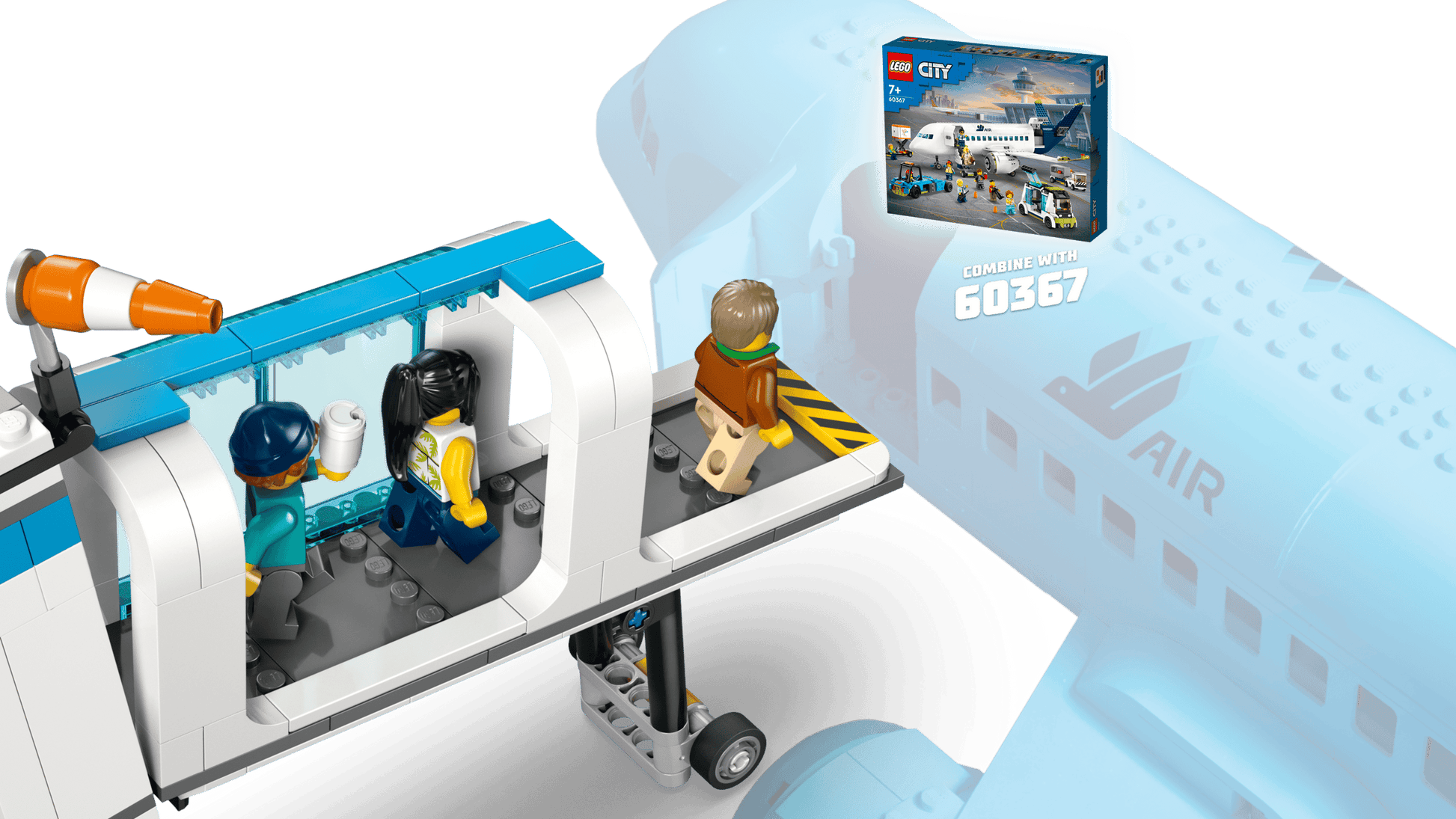 Three LEGO® minifigures walk through an airport jet bridge toward a toy airplane, with the Legos - Toyhouse LEGO® City Airport with Airplane box visible in the background.