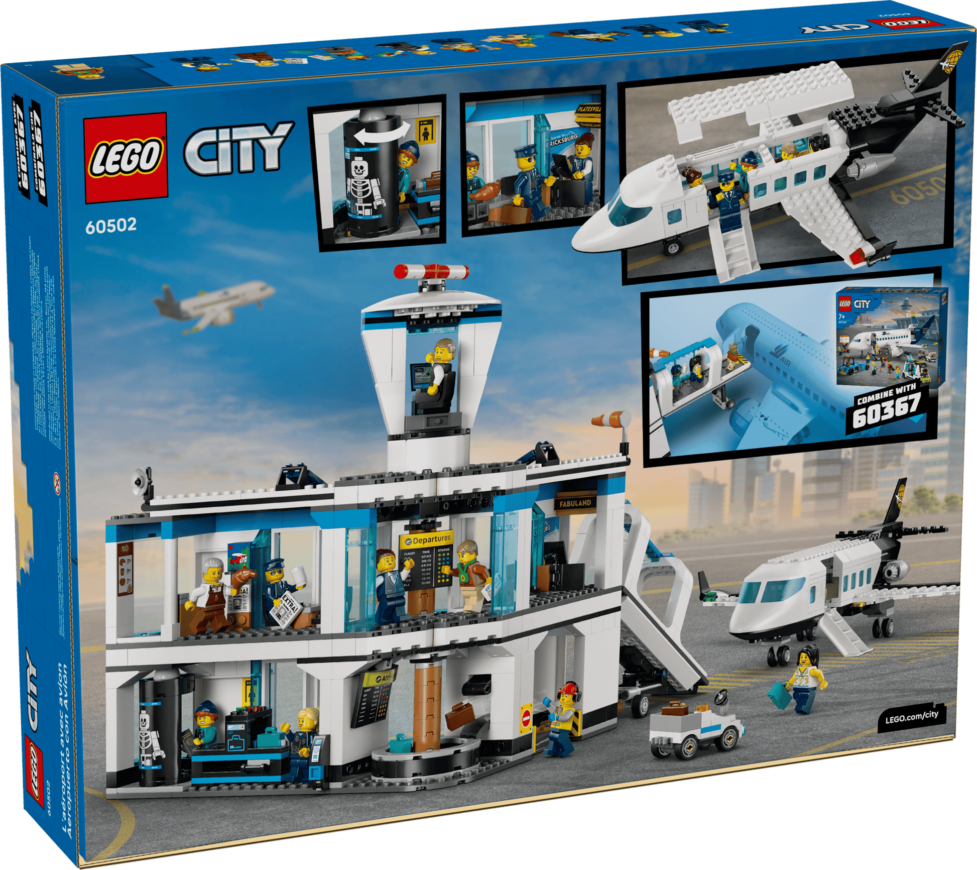 The Legos - Toyhouse LEGO® City Airport with Airplane set box showcases a control tower, passenger airplane, airport scenes, and minifigures—perfect for creating your own detailed LEGO City Airport adventure.