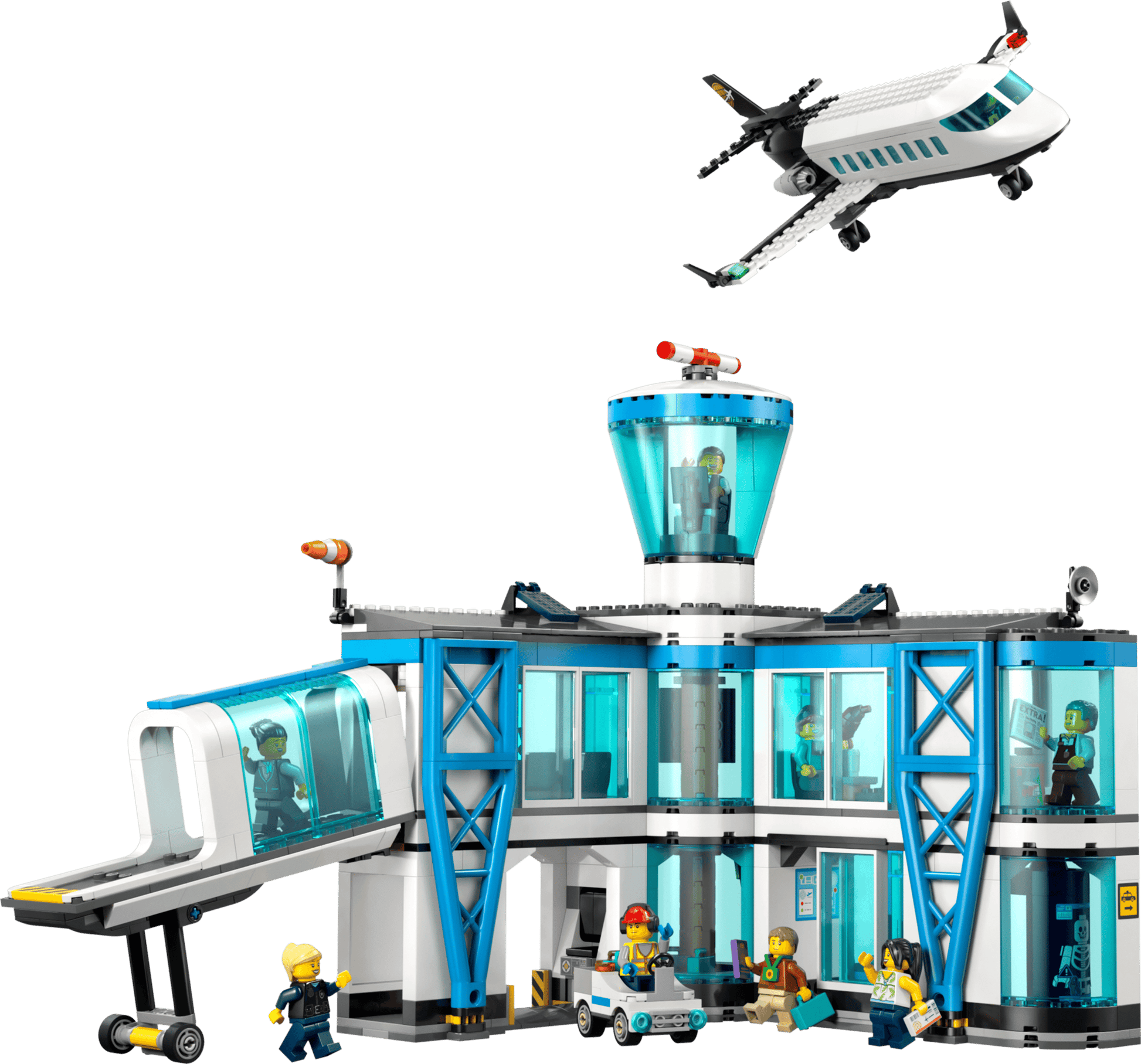 The LEGO® City Airport with Airplane by Legos - Toyhouse features a control tower, passenger walkway, minifigures, airport vehicle, and a toy plane taking off above the terminal building.