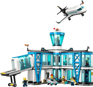 The LEGO® City Airport with Airplane by Legos - Toyhouse features a control tower, passenger walkway, minifigures, airport vehicle, and a toy plane taking off above the terminal building.