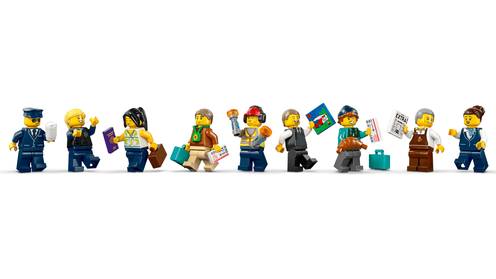 Eight LEGO minifigures from the Legos - Toyhouse LEGO® City Airport with Airplane set, each holding job-related accessories, are displayed against a white background.