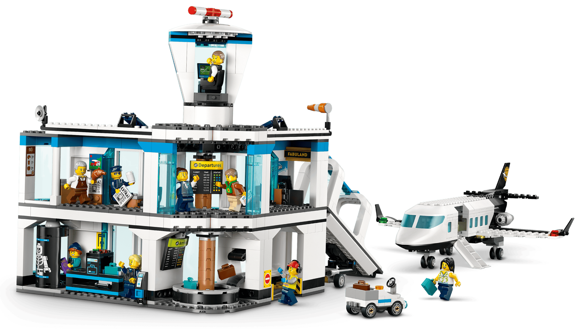 The LEGO® City Airport with Airplane by Legos - Toyhouse includes a control tower, terminal, passenger plane, airport staff, travelers, and a luggage cart—perfect for creative airport adventures.