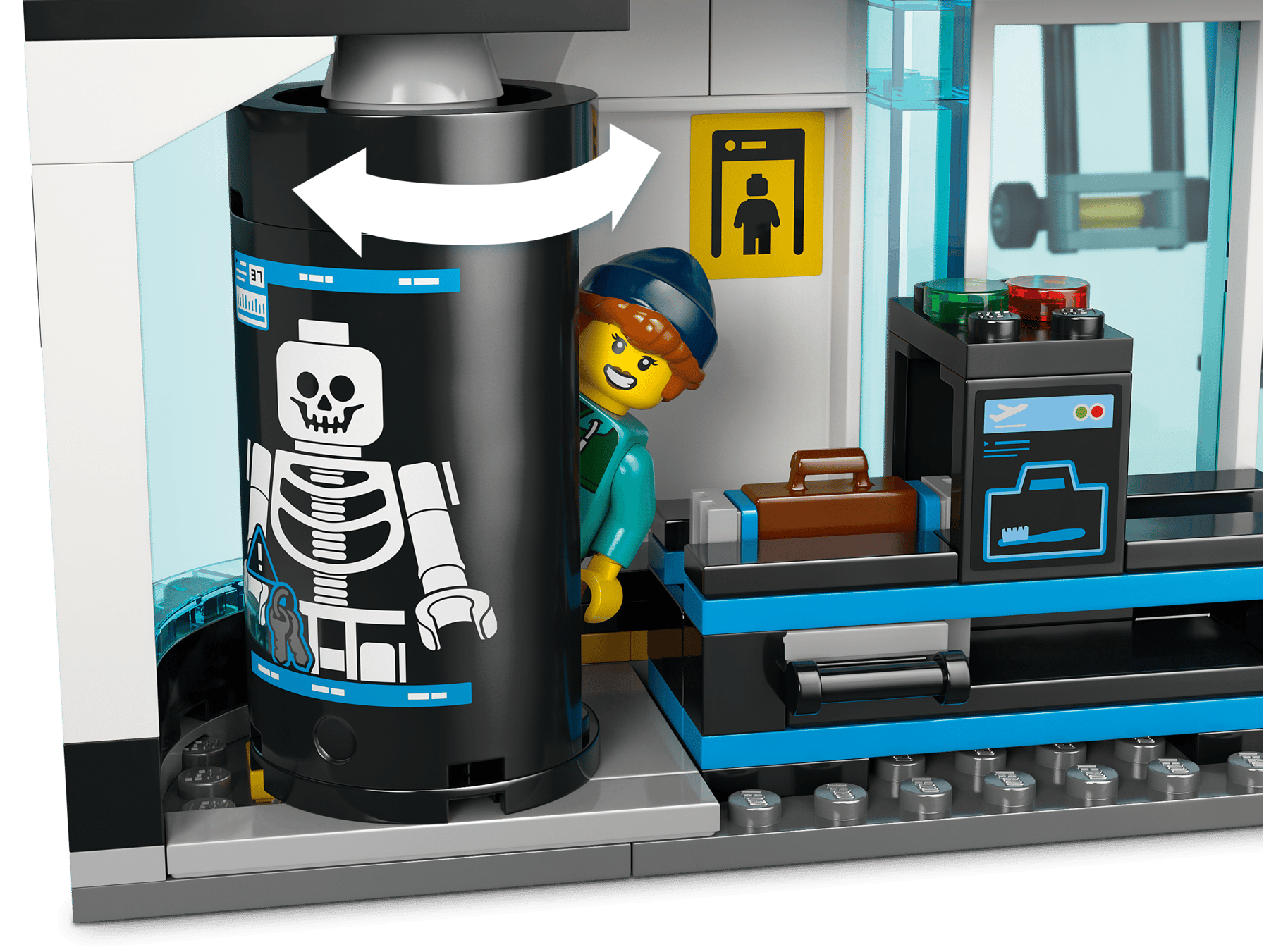 A minifigure from the LEGO® City Airport with Airplane by Legos - Toyhouse enters a security scanner, showing a skeleton X-ray, with the kit’s conveyor belt and luggage visible nearby.