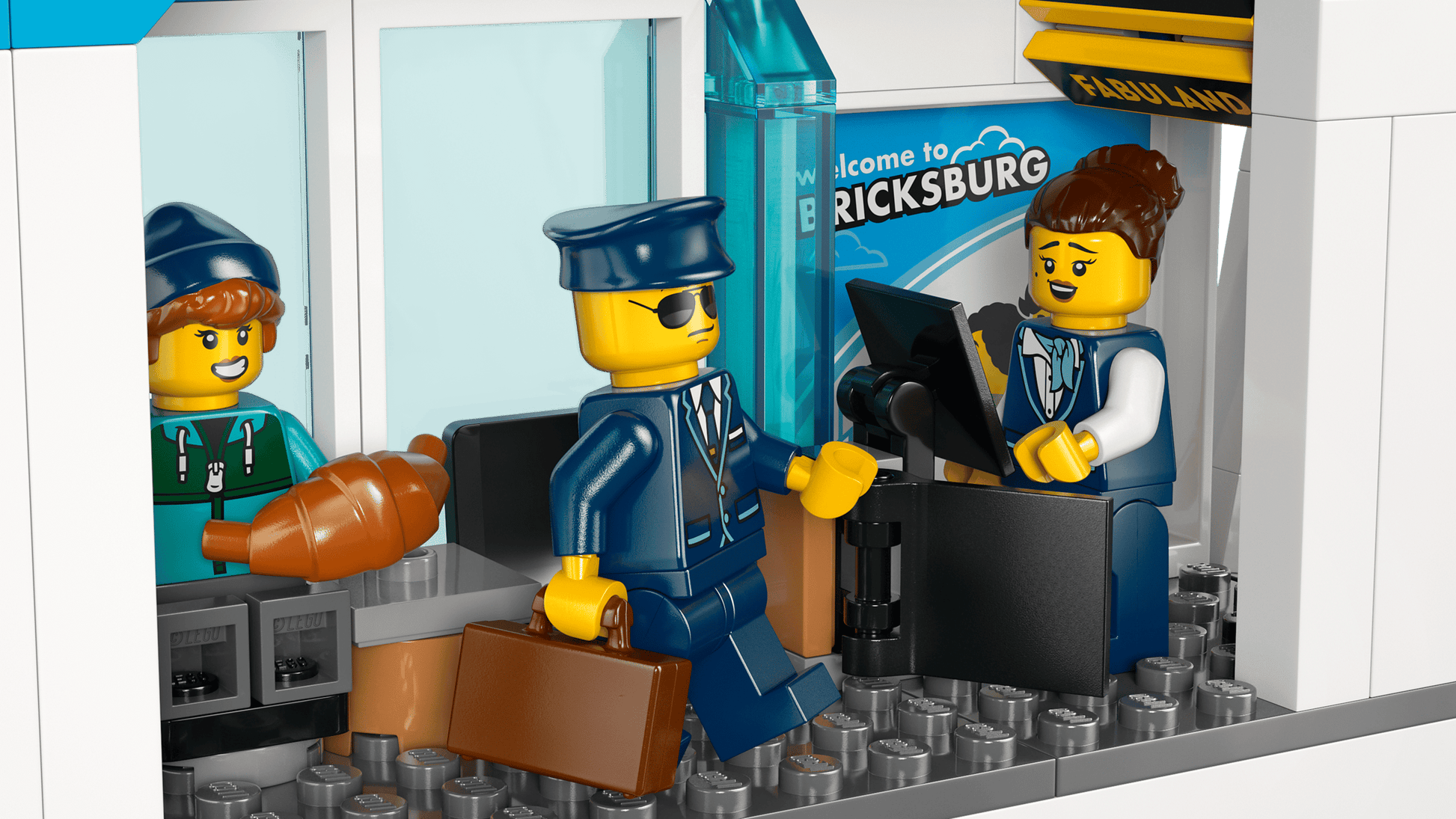 Three LEGO figures in a modern office—one in sunglasses with a briefcase, another at a computer, and one near a croissant by the window—a fun scene inspired by Legos - Toyhouse's LEGO® City Airport with Airplane for airport toy fans.