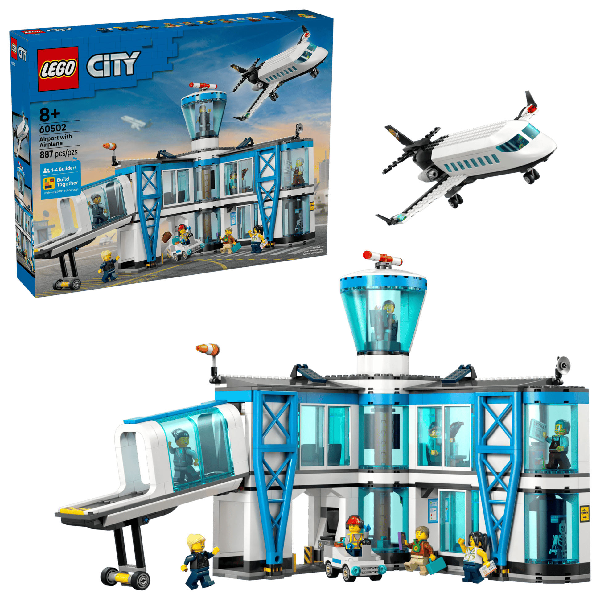 The LEGO® City Airport with Airplane by Legos - Toyhouse includes a terminal, control tower, jet plane, and figures—an exciting airport toy and airplane building kit with box packaging shown in the background.