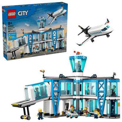The LEGO® City Airport with Airplane by Legos - Toyhouse includes a terminal, control tower, jet plane, and figures—an exciting airport toy and airplane building kit with box packaging shown in the background.