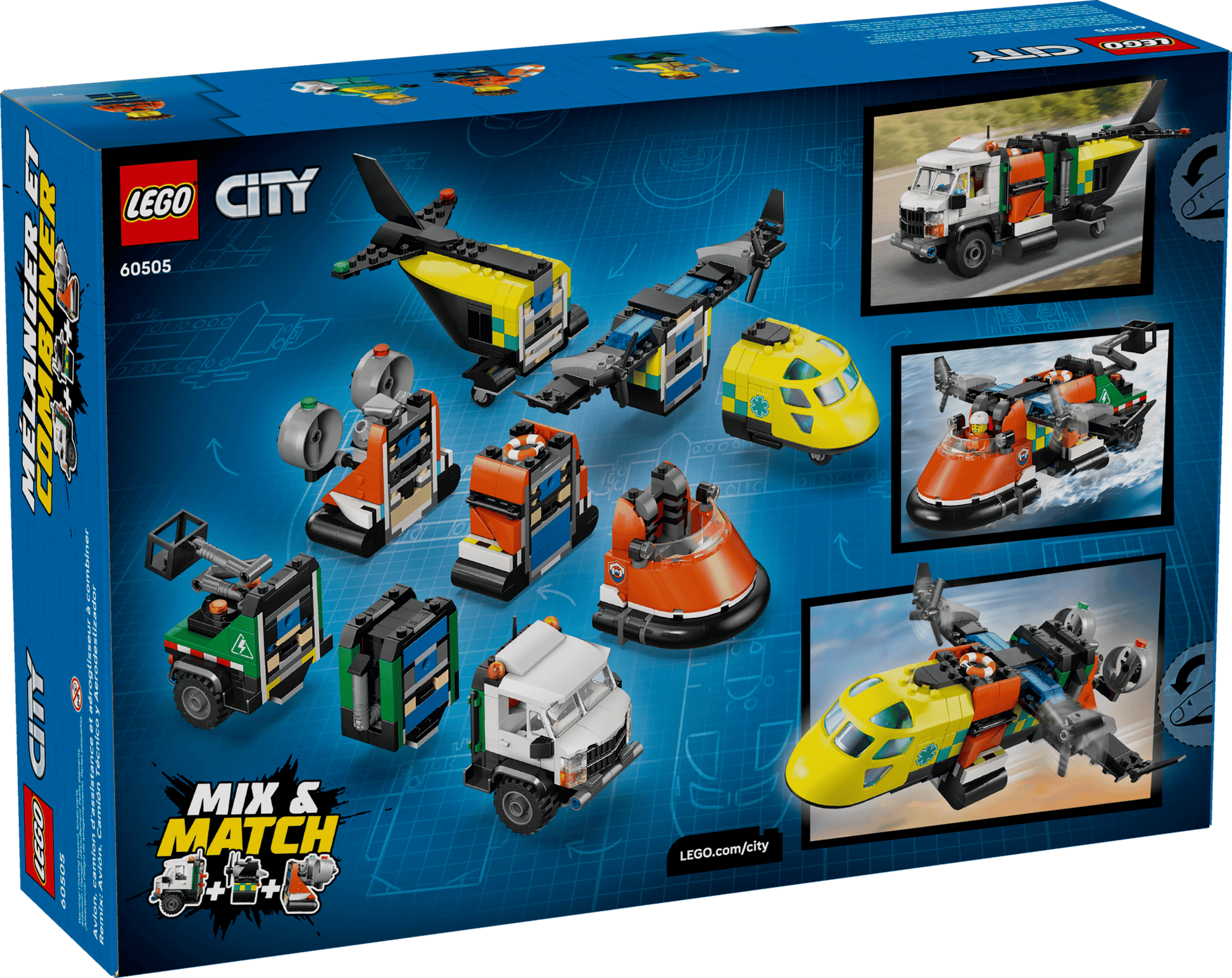 Back of Legos - Toyhouse LEGO® Airplane, Service Truck & Hovercraft Remix box showing buildable vehicles like an airplane, service truck, and hovercraft. The kit offers mix-and-match options on a blue blueprint background.