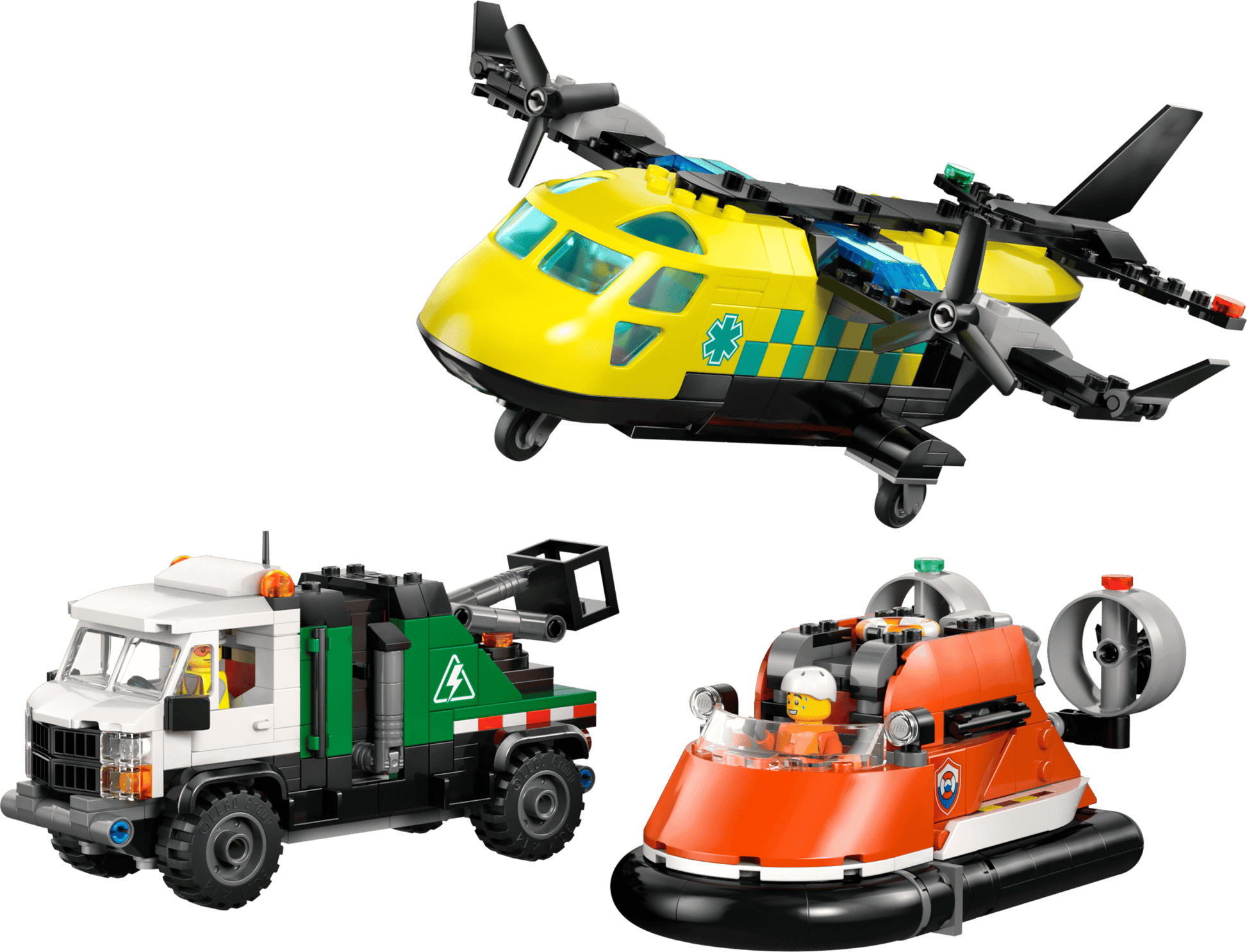 Spark creativity with the LEGO® Airplane, Service Truck & Hovercraft Remix by Legos - Toyhouse. This set includes a yellow and green airplane, green utility truck, orange hovercraft, and a minifigure driver—ideal for imaginative play!.