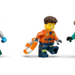 Three minifigures in work uniforms and safety vests—one with a wrench, one with a life preserver, and one with a medical case—are ready for action in the Legos - Toyhouse LEGO® Airplane, Service Truck & Hovercraft Remix set.