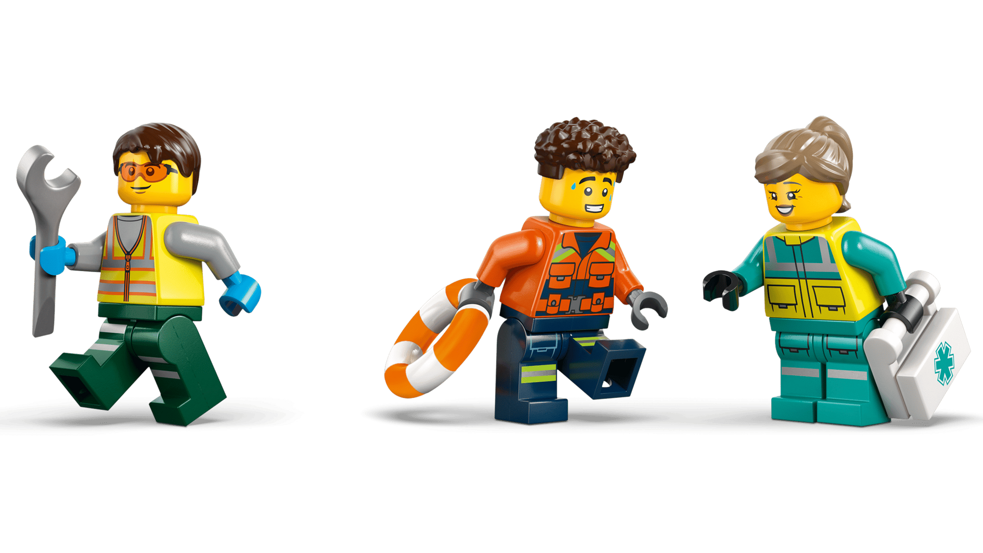 Three minifigures in work uniforms and safety vests—one with a wrench, one with a life preserver, and one with a medical case—are ready for action in the Legos - Toyhouse LEGO® Airplane, Service Truck & Hovercraft Remix set.